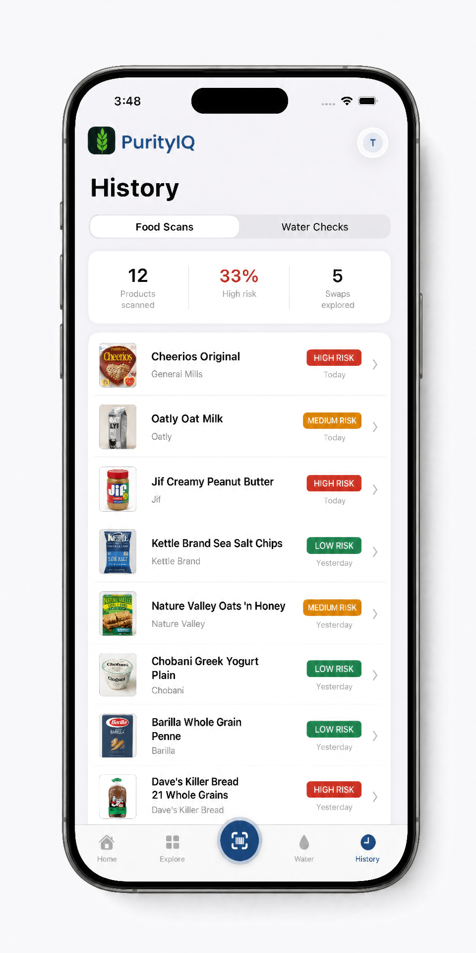 PurityIQ scan history screen